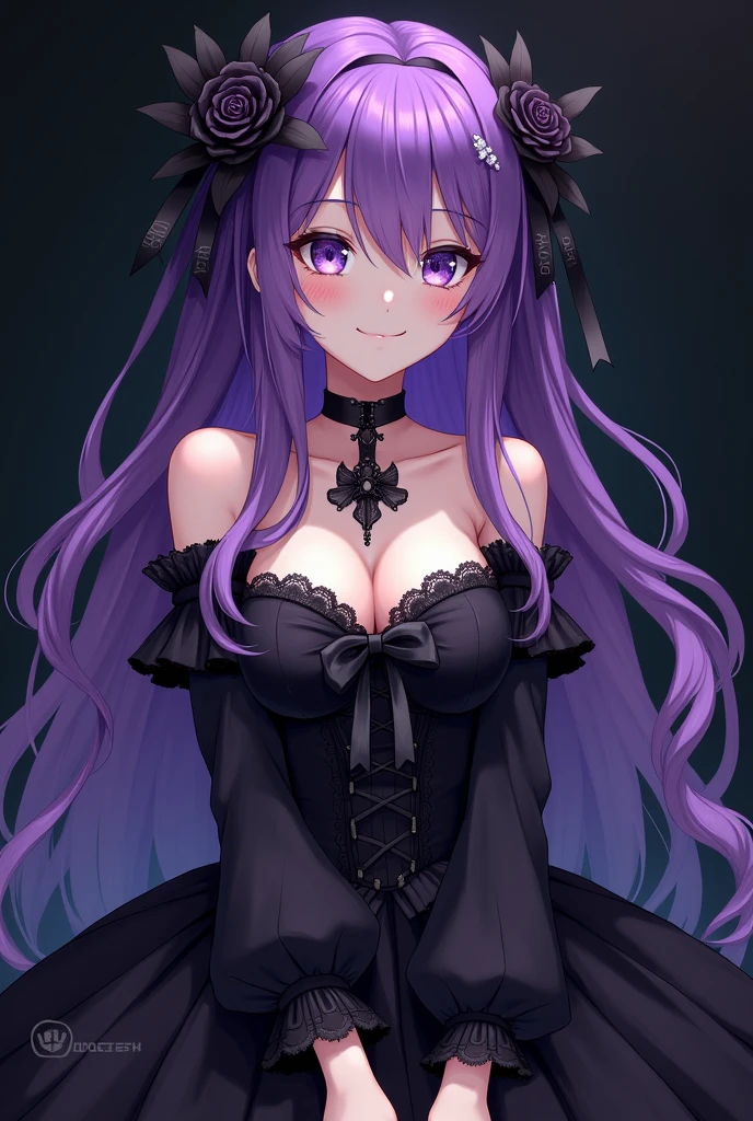 Photo of a beautiful girl in a gothic dress, Detailed face, purple hair, looking at camera, Anime images, , High quality