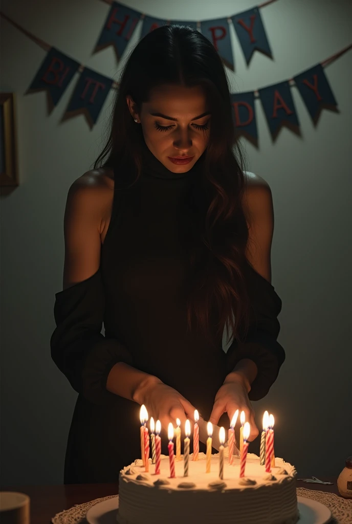 The beautiful women cut she's birthday cake alone ( use knife ) on the cake 20 latter number candle and she face full of sadness and background "Happy Birthday To Me " banner and she's waring black dress with full sleeve and cover nack dress 