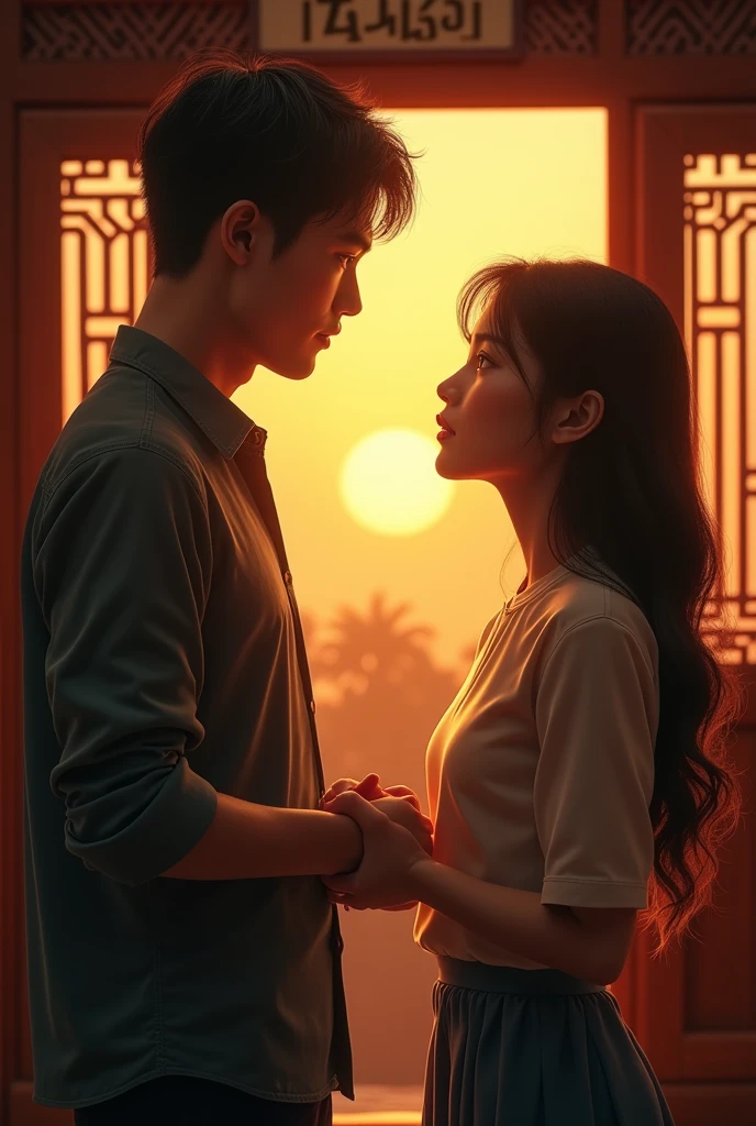 Image Description:

Setting: Late afternoon, gentle sunset, two people standing opposite each other in a traditional Vietnamese house.

Character: Le Van Huynh, with a thoughtful look, gently holds the hand of Dang Thi Xo, a young woman with eyes filled with affection and worry.

Expression: Huynh shows determination and love, Xo looks at him with a pained look, both expectant and fearful.