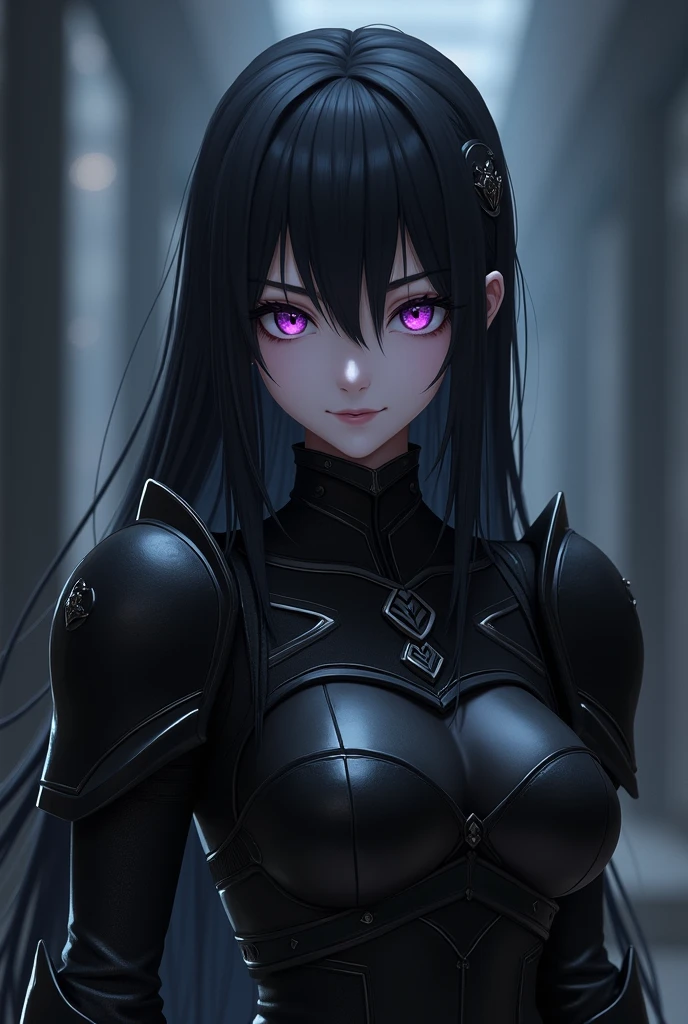 female, long straight-black hair, dark violet eyes, black armor, soft smirk, devotee, anime character