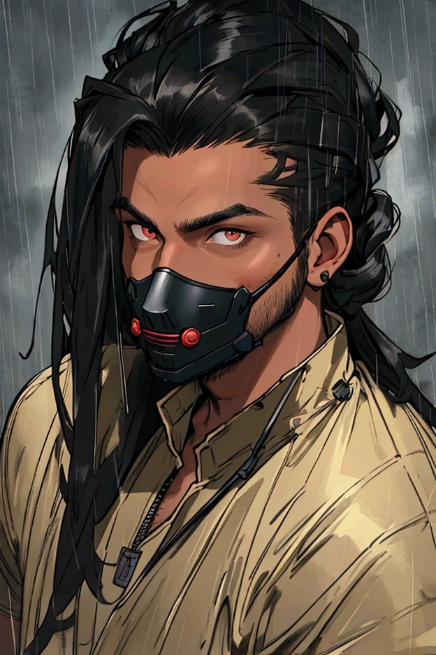 naughty man, brown skinned, slickedback hair, with mask on mouth, dark shaped eyes, JUST THE FACE, in the rain, the night, blackquality hair, side hairstyle, ((best quality, extreme quality, masterpiece)), realism --auto --s2
