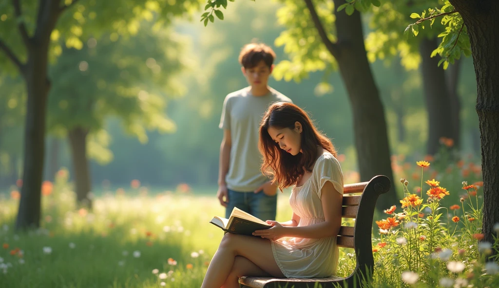 Une jeune femme assise sur un banc dans un parc ensoleillé, entourée d'arbres verdoyants et de fleurs colorées. Elle a de longs cheveux bruns légèrement ondulés et porte une robe légère d'été de couleur pastel. Elle est absorbée par la lecture d'un livre, avec une expression calme et rêveuse sur son visage. Un jeune homme se tient derrière elle, regardant vers elle avec une expression nerveuse mais déterminée. Il a les cheveux courts et châtains, porte une chemise décontractée et un jean. L'arrière-plan montre un parc tranquille, avec des oiseaux qui chantent et des rayons de soleil filtrant à travers les arbres. L'ambiance est douce et romantique, capturant l'instant délicat d'une possible première rencontre. 8k
