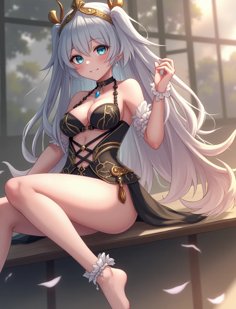 Japanese anime style,White hair,Blue Eyes,Arrow Style Headdress