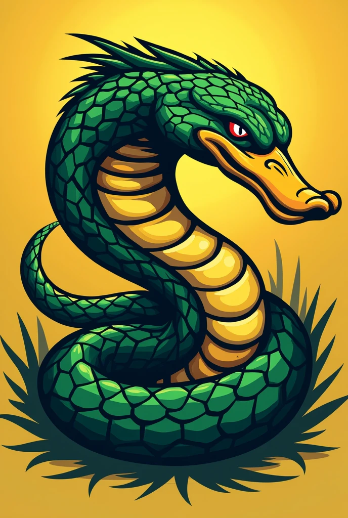 Logo for an athletic club, with a snake in attack position and a duck's head. yellow and green. Aggressive Expressions.