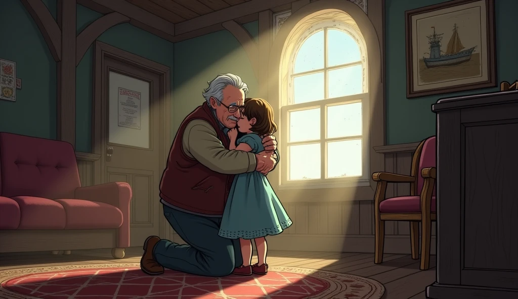rompt: Inside a cozy lighthouse interior, Edgar, an elderly man with a gentle face and gray hair, kneels down to embrace Lily as she stands before him, still catching her breath. His eyes are filled with pride and warmth as he wraps his arms around her in a loving hug. The soft light from the window bathes them, emphasizing the deep connection between father and daughter
In comic style