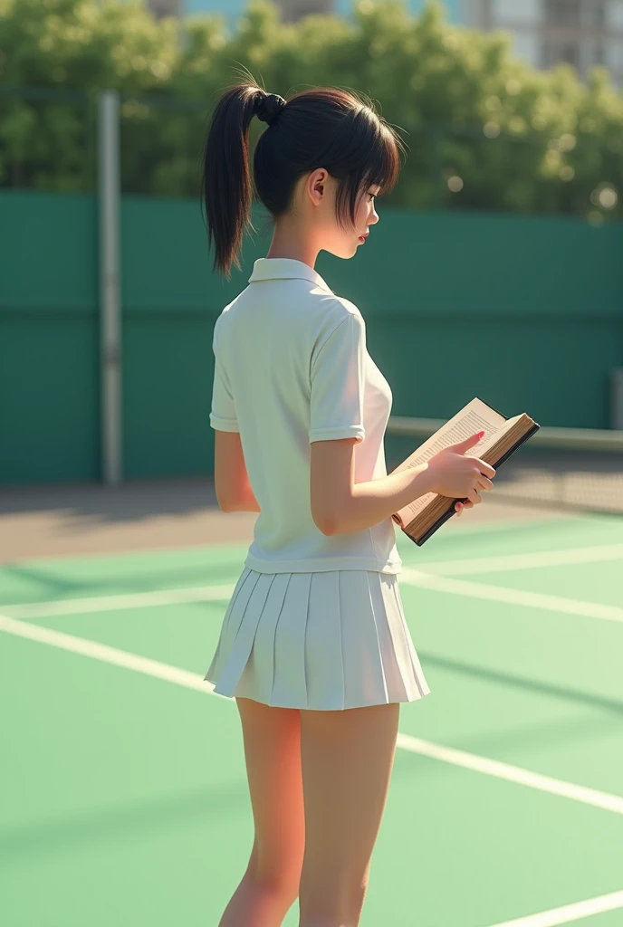 (Perfectly perfect limbs human structure:1.5)(((very detailed from behind on all fours:1.3)),(masterpiece), (highest quality),ultra high resolution, caustics, get used to it, Beautiful get used to it FACE,perfect anatomy,cowboy shot,Solo 20 year old beauty、日BookのBookを読む人、black hair,short bob hair,black eye,slender body,ideal body proportions,medium breasts,tanned skin,glowing skin,oily skin,shiny skin,Are standing,ponytail,((latex、tennis uniform、white polo shirt、white pleated mini skirt)),tennis racket1Book、正しく描かれたtennis racket:1.12、outdoor、Tennis court、,full body image((beautiful pussy line:1.19)),,((( Mr. A is very cute and has a childish face.:1.25))), 、(very young and big breasted:1.2)