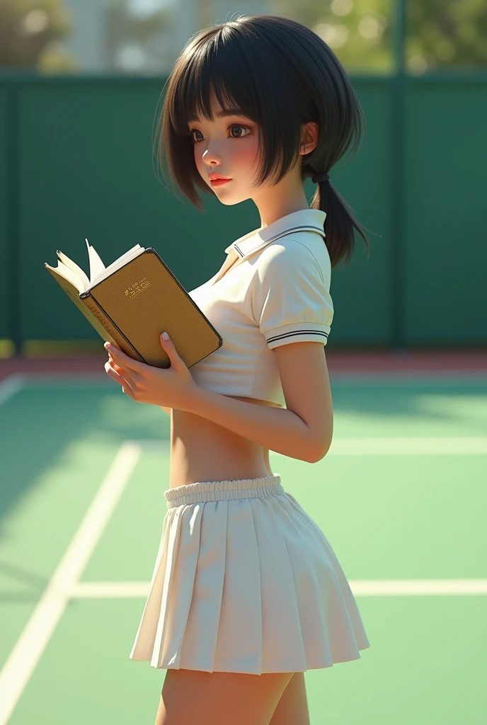 (Perfectly perfect limbs　human structure:1.5)(((very detailed　from behind on all fours:1.3)),(masterpiece), (highest quality),ultra high resolution, caustics, get used to it, Beautiful get used to it FACE,perfect anatomy,cowboy shot,Solo 20 year old beauty、日BookのBookを読む人、black hair,short bob hair,black eye,slender body,ideal body proportions,medium breasts,tanned skin,glowing skin,oily skin,shiny skin,Are standing,ponytail,((latex、tennis uniform、white polo shirt、white pleated mini skirt)),tennis racket１Book、正しく描かれたtennis racket:1.12、outdoor、Tennis court、，full body image((beautiful pussy line:1.19)),,((( Mr. A is very cute and has a childish face.:1.25))), 、(very young and big breasted:1.2)