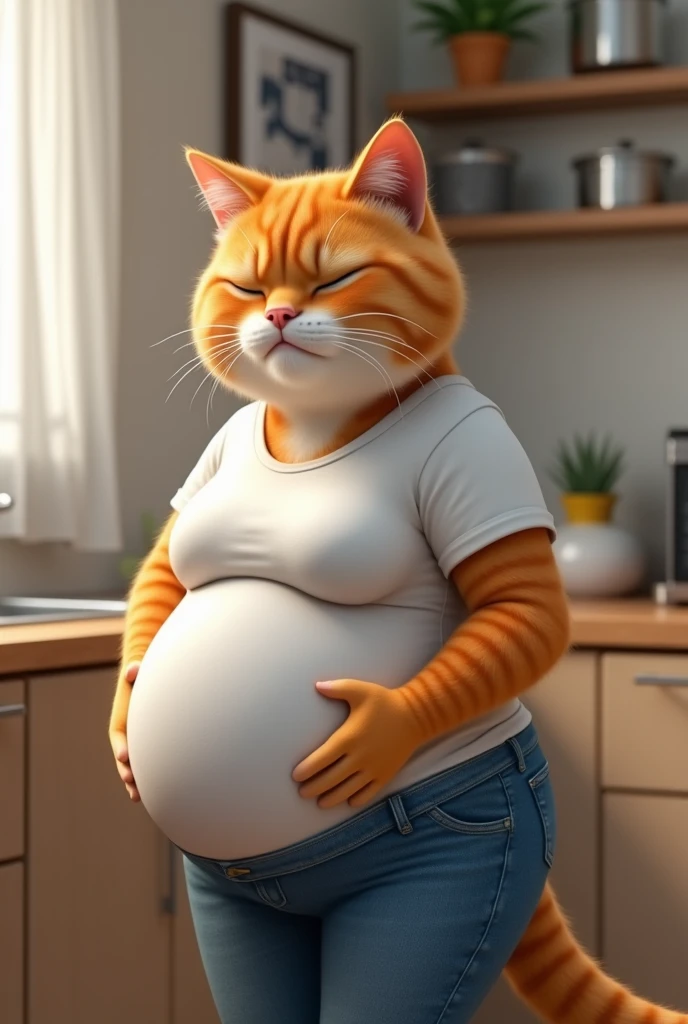 The orange realistic chubby pregnant wife cat, wearing a white t-shirt and blue jeans.Setting: She is working in a modern kitchen, perhaps stirring a pot or cutting vegetables. Suddenly, she clutches her stomach, visibly in pain, and leans against the counter for support.Mood: A sudden shift to worry and urgency, with the kitchen environment reflecting a normal day disrupted by unexpected pain.