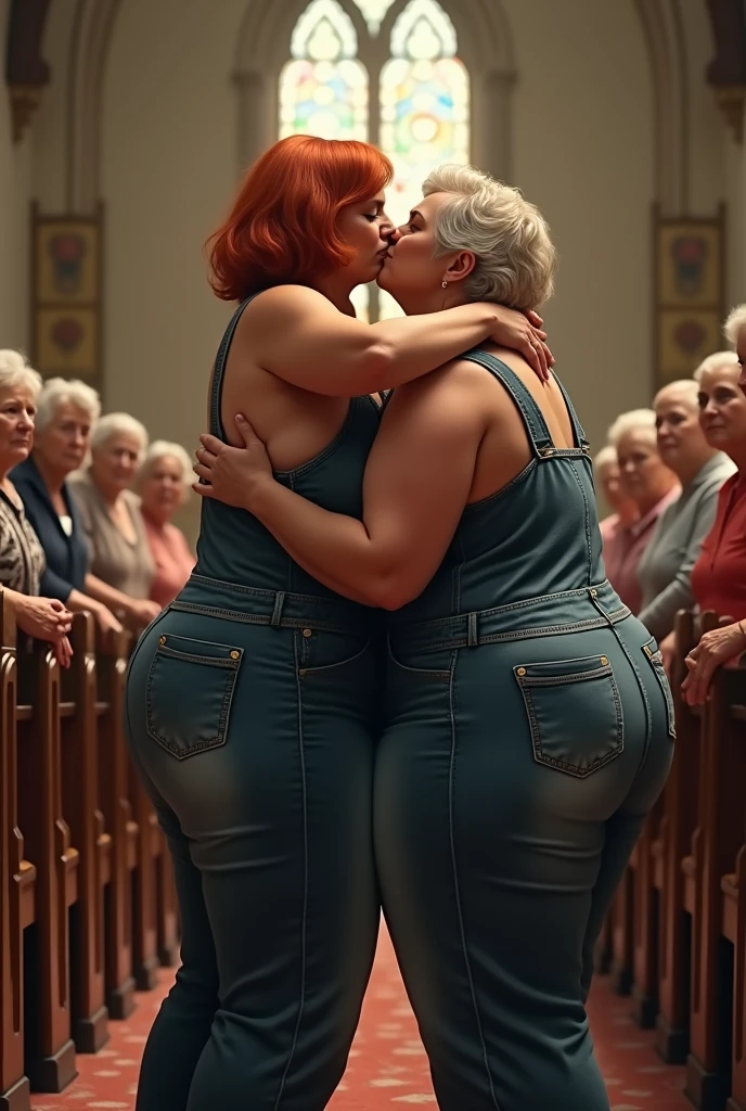 Old mom with red hair overalls with her huge breasts, showing mom kissing her bbw in just overall showing open with huge breasts showing & adult daughter on the lips at church full of old ladies watching the mom & daughter making out & cuddling rubbing each other big butts