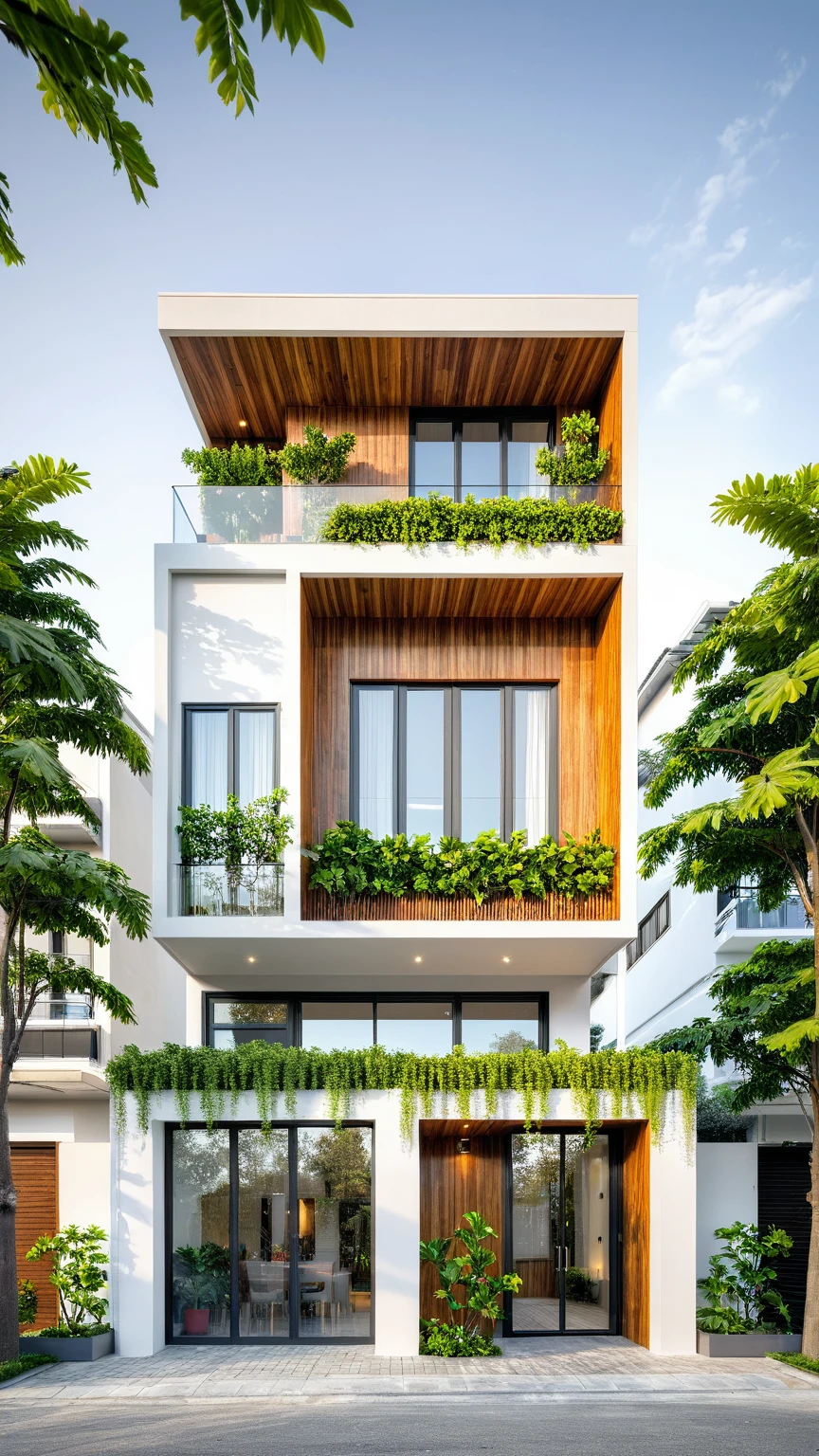 modern townhouse on street, (sunset), tropical tree, vivid colour, streetcapes, white tone, (white wall), large glass door, (warm interior lighting:1.2), wood and marble, best quality, 18ArchiAI_VL-v1
