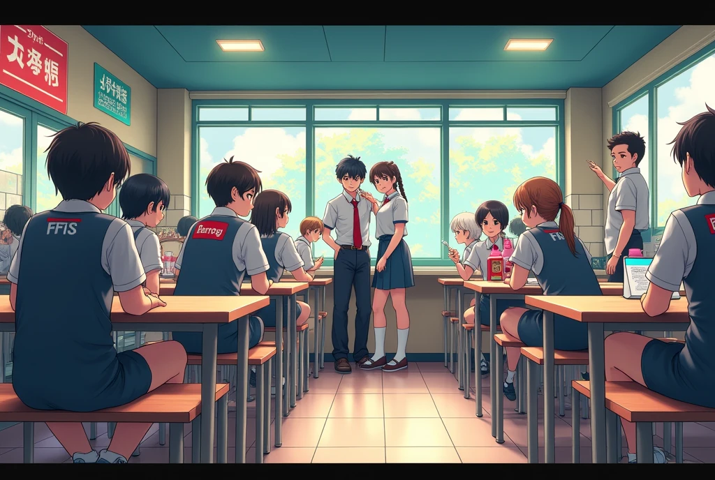 background for 2d game, canteen, modern, anime style, bulying scene in the back