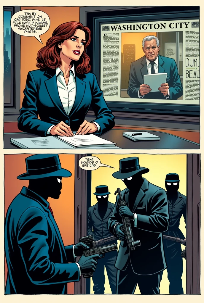 create 2 80s superhero style comics.
In the first cartoon there is a television broadcasting the Washington city newspaper., and there a well-dressed woman in a suit is talking about a bank robbery that is happening live.
The second cartoon shows a live broadcast of the bank robbery., focusing on the bank window where you can see 4 heavily armed guys inside the bank.