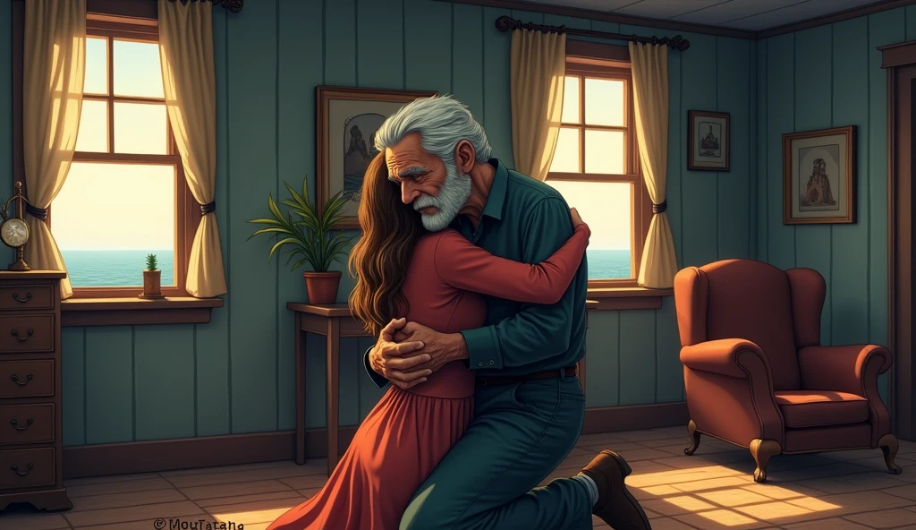 rompt: Inside a cozy lighthouse interior, Edgar, an elderly man with a gentle face and gray hair, kneels down to embrace Lily as she stands before him, still catching her breath. His eyes are filled with pride and warmth as he wraps his arms around her in a loving hug. The soft light from the window bathes them, emphasizing the deep connection between father and daughter
In comic style 