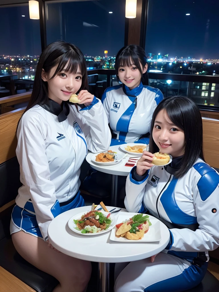 Japanese female android sisters,Black Hair,White and blue robot suit,Plump,Eating at a restaurant with a night view,smile