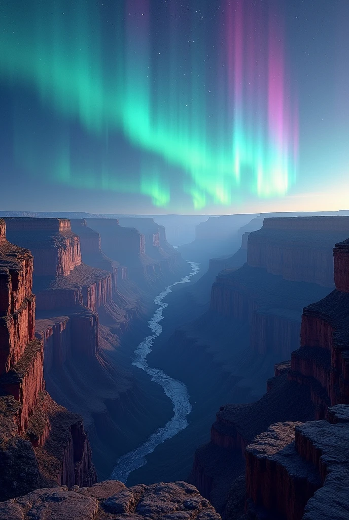 Create a breathtaking image of the Grand Canyon with the Aurora Borealis illuminating the sky. The vast, rugged landscape should contrast with the ethereal, colorful aurora above, creating a dramatic and awe-inspiring visual."