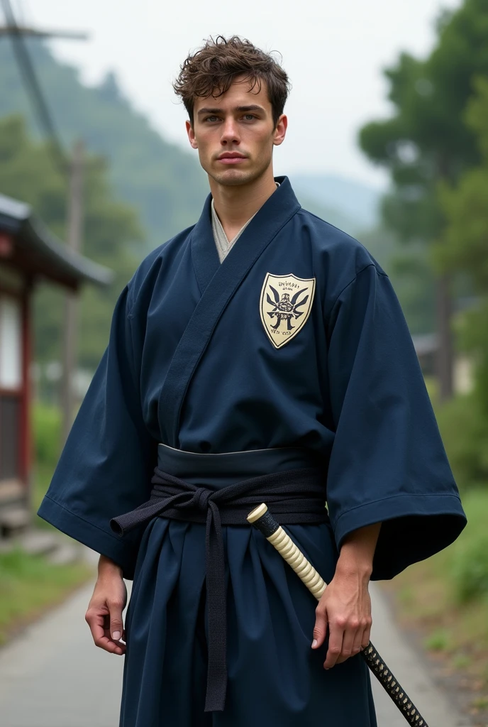 A young adult European man, around 2, short curly haired no beard on a road in japan feldal, wearing a navy blue kimono with a shield symbol on the left side of the chest of the garment with a "S" offwhite, carrying Samurai swords, with a brave expression, but nice.