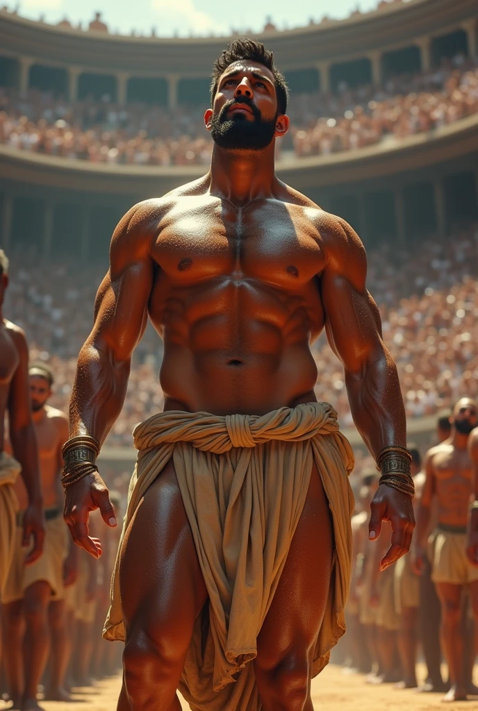 An ancient Greek athlete preparing to compete , their body oiled and gleaming, with spectators looking on in amazement.
