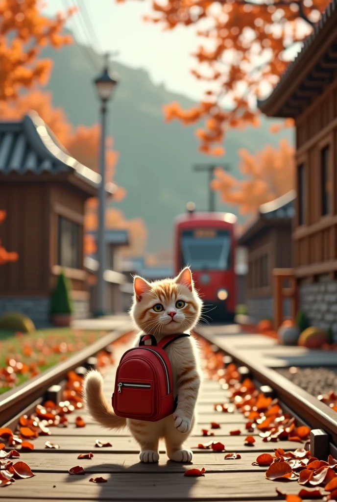 (best quality,4K,8K,high resolution,masterpiece:1.2),Extremely detailed,Clear focus,(Realist,photoRealist,photo-Realist:1.37), 35mm lens,Multiple angles,countryside,suburban,Back,side,contour,Overhead shot,Cat,permanent,toy doll,Carry a small school Backpack,tram,Beijing,autumn,Wooden house,platform, cloak,Ruan Jia,ongoing,Attar, (deliCate face), (beautiful, Fluffy fur),(35mm Cinema Lens),(Multi-angle shooting),(many viewing angles)