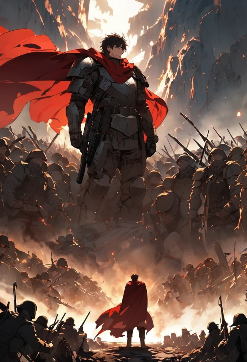 Against the backdrop of a vast battlefield、In the battle, the hero defeats the enemy.、Depict how the name spreads in an instant。The heroic man wears a red cape、Standing in a dignified posture、The expression is full of confidence。All around him are traces of war.、Soldiers with weapons in their hands praising the hero、Showing respect。The enemy soldiers stood there, gazing at each other.、The hero's fame reverberates throughout the country, friend and foe alike.。In the distance you can see a castle、A scene reminiscent of the Sengoku period。
