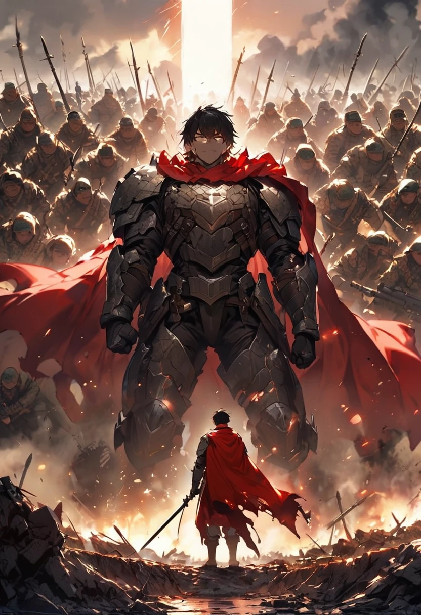 Against the backdrop of a vast battlefield、In the battle, the hero defeats the enemy.、Depict how the name spreads in an instant。The heroic man wears a red cape、Standing in a dignified posture、The expression is full of confidence。All around him are traces of war.、Soldiers with weapons in their hands praising the hero、Showing respect。The enemy soldiers stood there, gazing at each other.、The hero's fame reverberates throughout the country, friend and foe alike.。In the distance you can see a castle、A scene reminiscent of the Sengoku period。