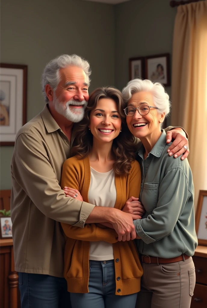 A women with her parents happily in her house