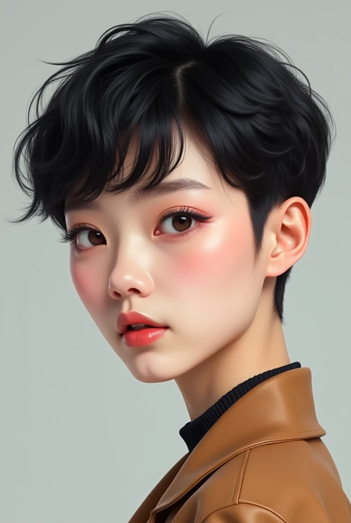 Korean two block short haircut front view with a fringe and with no fade: realistic