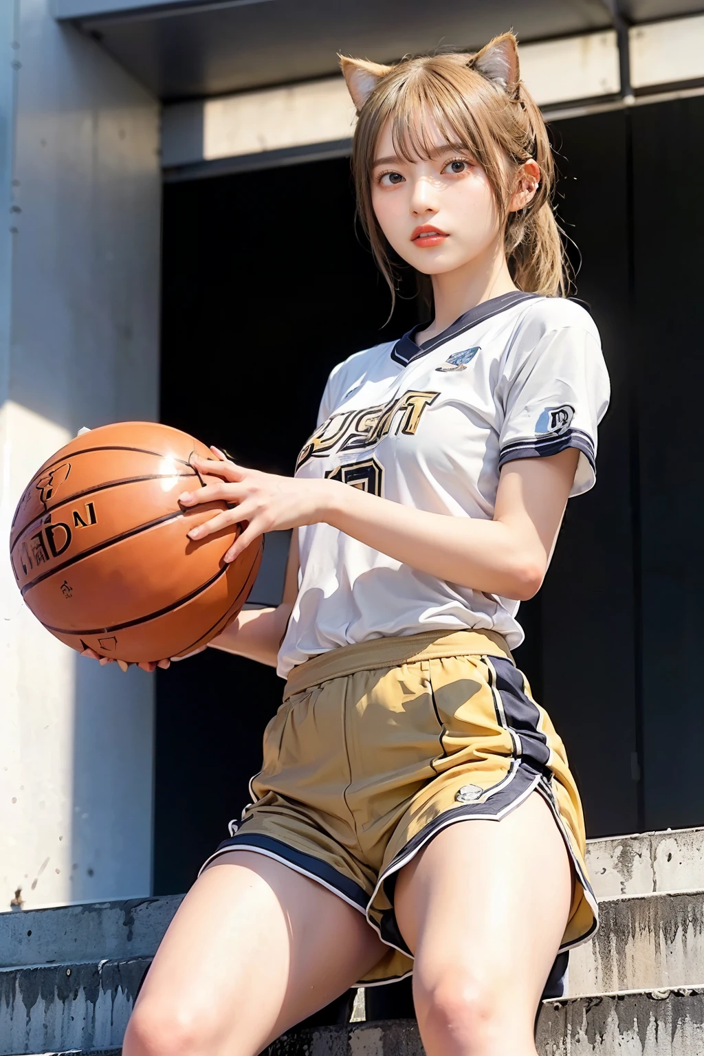 Masterpiece, 4K, bokeh, (Perfect body:1.4), (basketball uniform:1.5), (Bright Blonde hair:1.5), (ponytail:1.2),(Blushed face:1.3), (Plump breast:1.2), (Sitting in stairway of station:1.2), (Cat ears:1.3),(From below:1.7),(Sundown :1.2), (Orange beautiful sky and clouds:1.2)