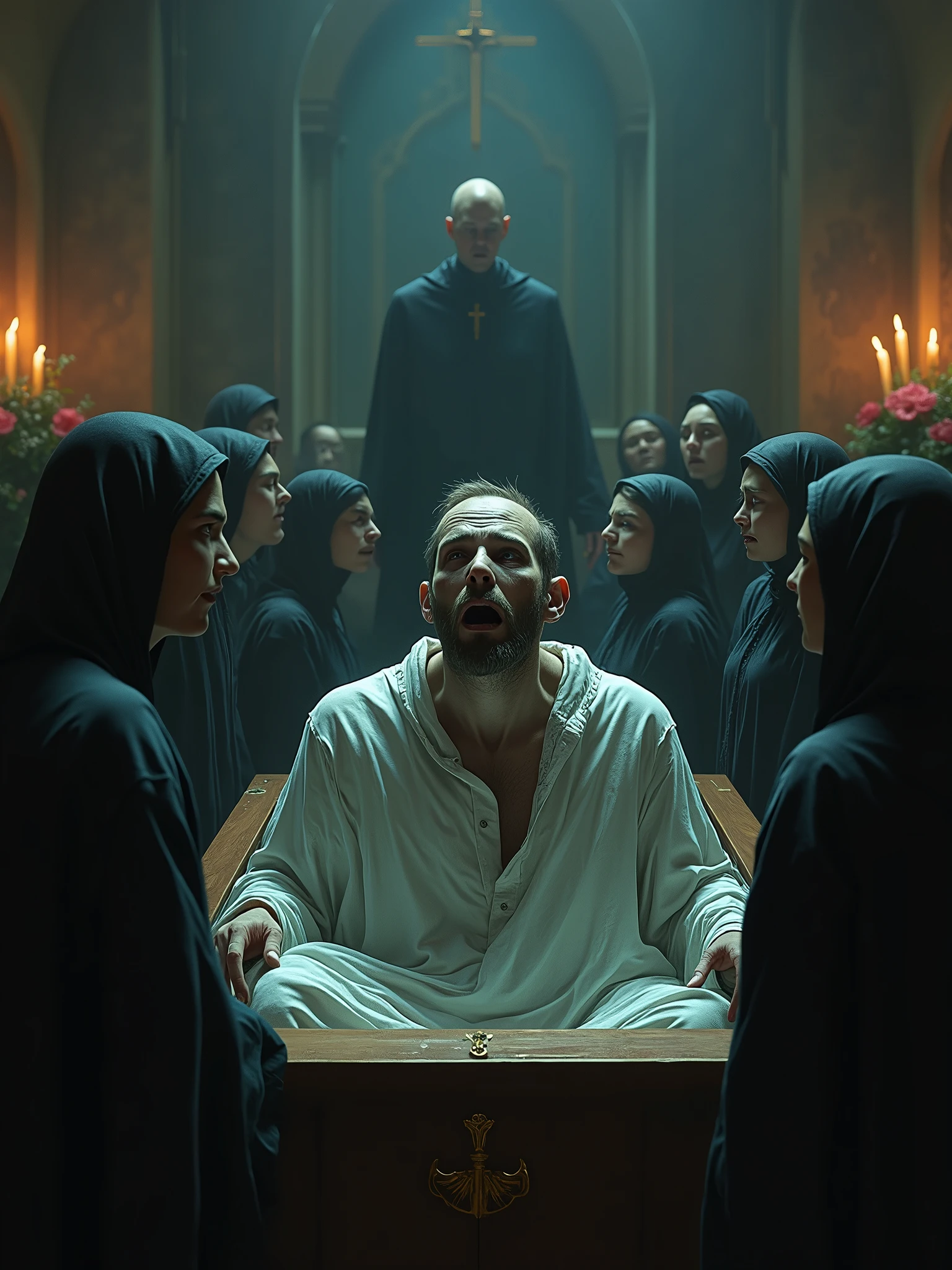 Para criar uma imagem realista de uma pessoa com depressão se levantando de seu caixão durante um velório, com as pessoas ao redor reagindo assustadas e chorando, use o seguinte prompt:
```json
{
"prompt": "A realistic image of a funeral scene. A person, who appears pale and gaunt, with dark circles under their eyes, is rising from their coffin in the middle of the funeral. The atmosphere is tense, with mourners around them, some crying in shock and fear, while others look terrified. The funeral setting is dimly lit, with flowers, candles, and a priest in the background. The overall mood is eerie and somber, capturing the unexpected and unsettling moment of someone coming back to life in the middle of their own funeral.",
"size": "1024x1024"