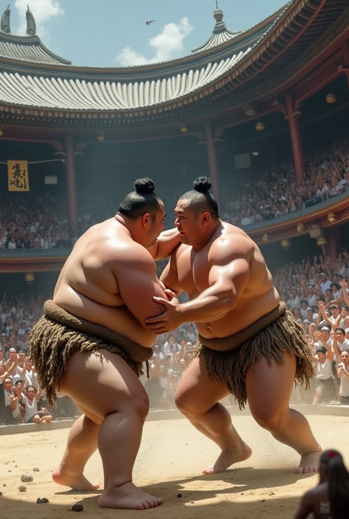 A heated sumo match at the Kokugikan in Japan、Chonmage