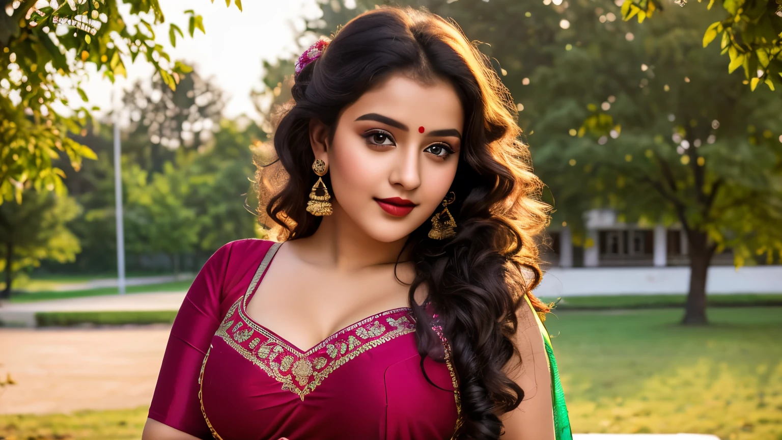 Outdoor image of 21yo in school school photo in school masterpiece, (photorealistic:1.7), best quality, beautiful lighting, Eleanor Ukraine girl dark lipstick 20yo Old Big Breasts Plus Size Model random colour beautiful eyes extremely high Bun long extreme curly hair Lifts wearing Indian saree. big breasts with bra