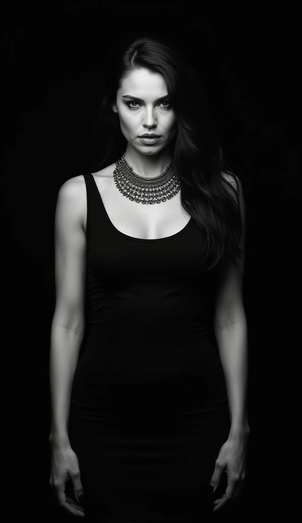 This image is a portrait of a woman taken in black and white against a pitch black background. The woman is wearing a pitch black dress with a large necklace on it. Her hair is long and her eyes give a strong impression. The overall atmosphere is dark, but the women's expressions are serious and powerful.