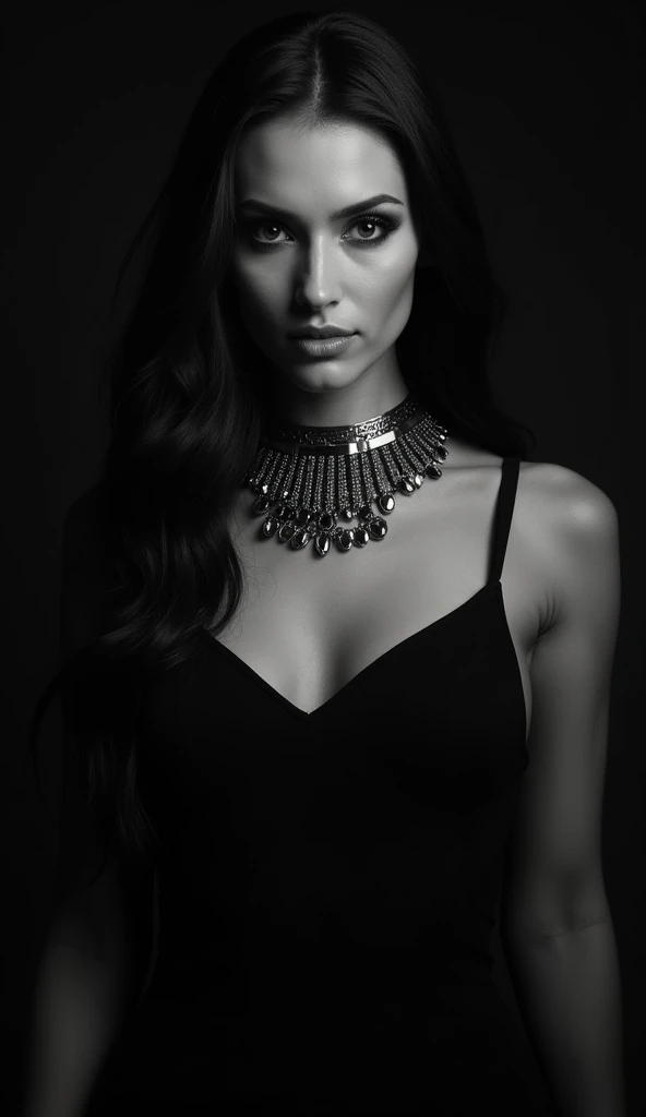 This image is a portrait of a woman taken in black and white against a pitch black background. The woman is wearing a pitch black dress with a large necklace on it. Her hair is long and her eyes give a strong impression. The overall atmosphere is dark, but the women's expressions are serious and powerful.

