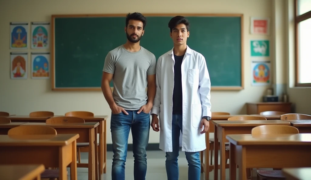 Ek engineering student aur ek medical student sath me class me khade hai Indian environment real imgage