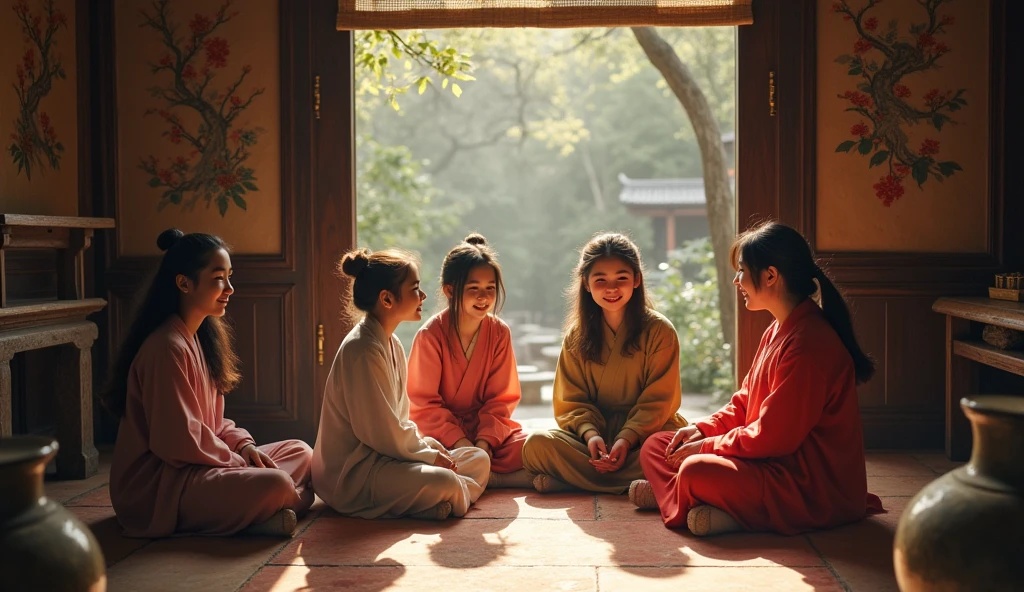 Young girls and woman of random ages chating and laughing in ancient chinese room while sitting down.