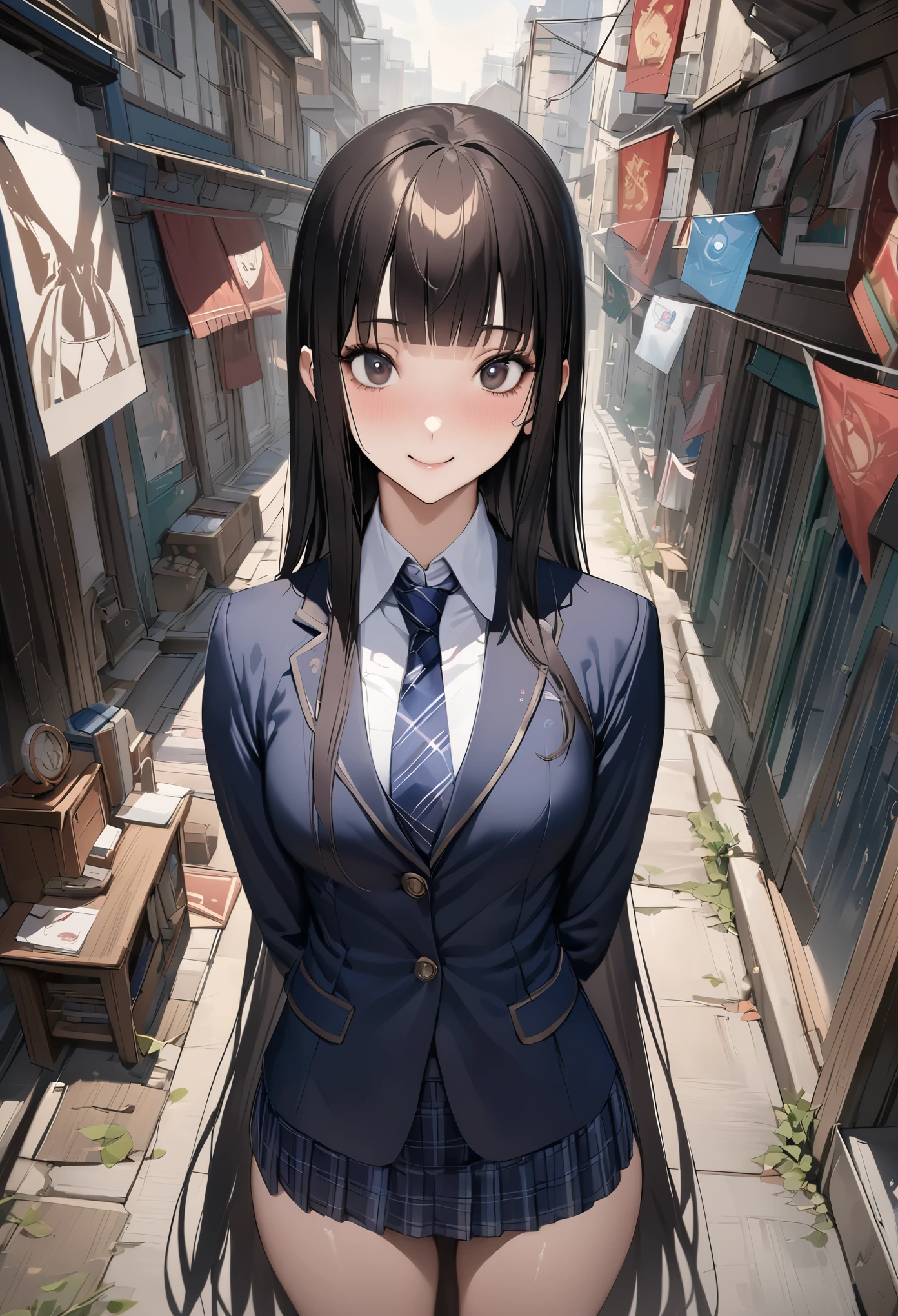 Fantasy art、((masterpiece,best quality anime,Highest quality:1.3)),realistic,portrait,1woman,(Mature Beauty),((very small head:1.4)),((very long body:1.3)),long hair,black hair,bangs,(gorgeous big eyes),black eyes,smile,(School uniform、Dark blue blazer jacket、Navy blue tie、Dark blue plaid mini skirt),white collared shirt,((slender body:1.3,skinny:1.2)),medium breasts,on road,Magic City、High-rise buildings、A world of magic and fantasy,