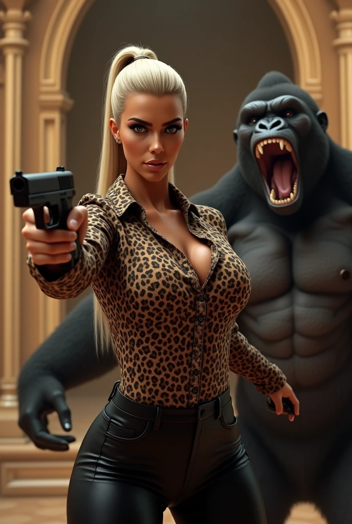 Kim Kardashian with long straight blonde hair in a ponytail in a leopard print shirt with buttons and sleeves and not cropped, generous cleavage,in very tight black leather pants , she aims a gun at someone, in a temple, Behind her a gorilla attacks her with an open mouth and sharp teeth , the gorilla swings a fist at her