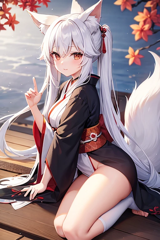 Japanese nine tail fox, loose kimono outfit, long bushy nine tails, pure white fur with cute fox ears