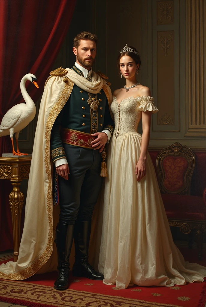 A portrait of a young princess standing by her father’s side. Her father is the king sitting in the chair that has swan statue. She’s the heir.