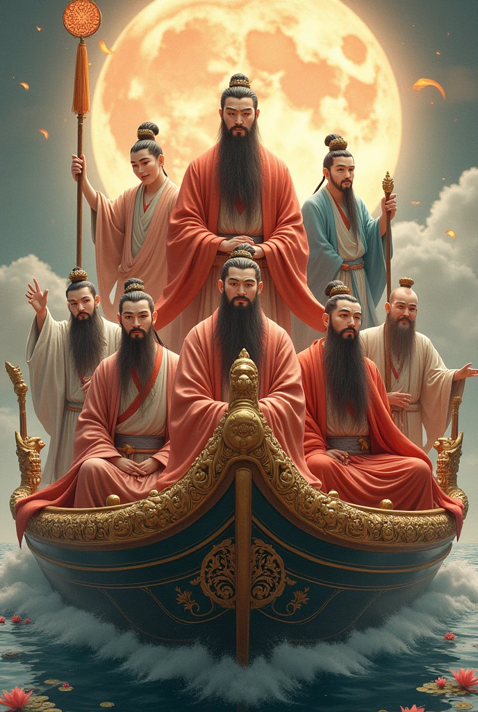 The Eight Immortals:
1. **Zhongli Quan**
2. **Lü Dongbin**
3. **Li Tieguai**
4. **Zhang Guolao**
5. **He Xiangu**
6. **Lan Caihe**
7. **Han Xiangzi**
8. **Cao Guojiu**
On his boat of fortune