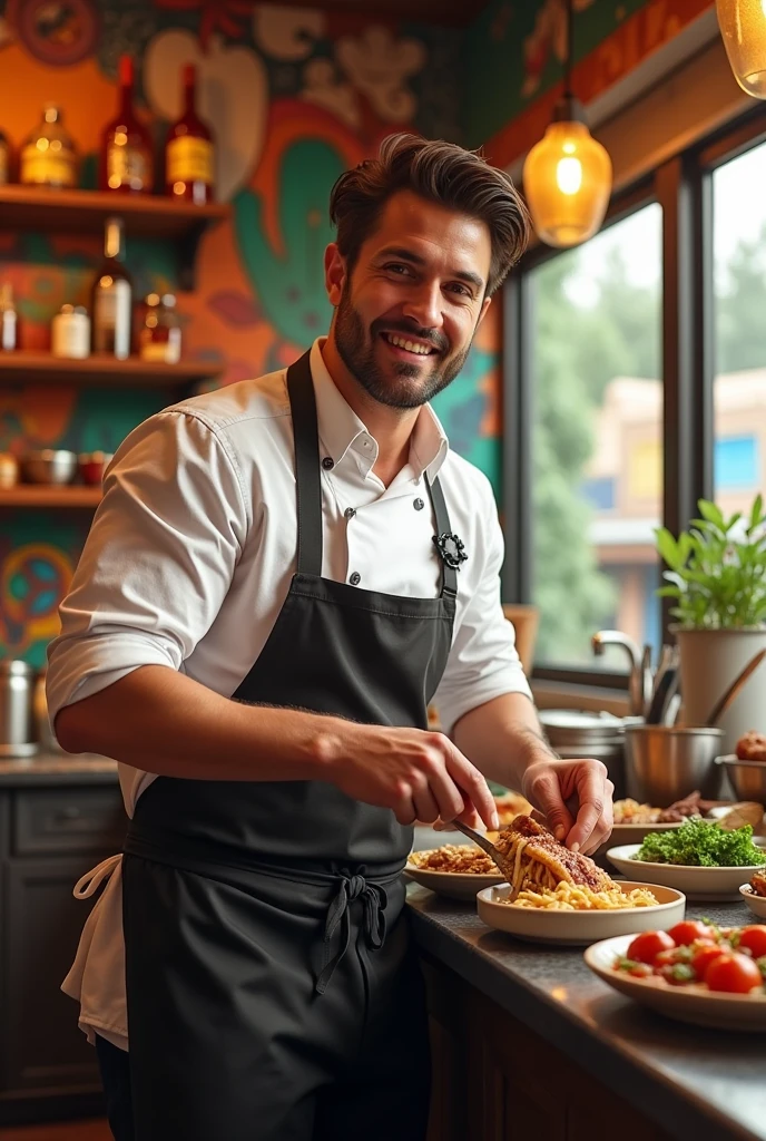 A handsome 2 cook at a Mexican food restaurant