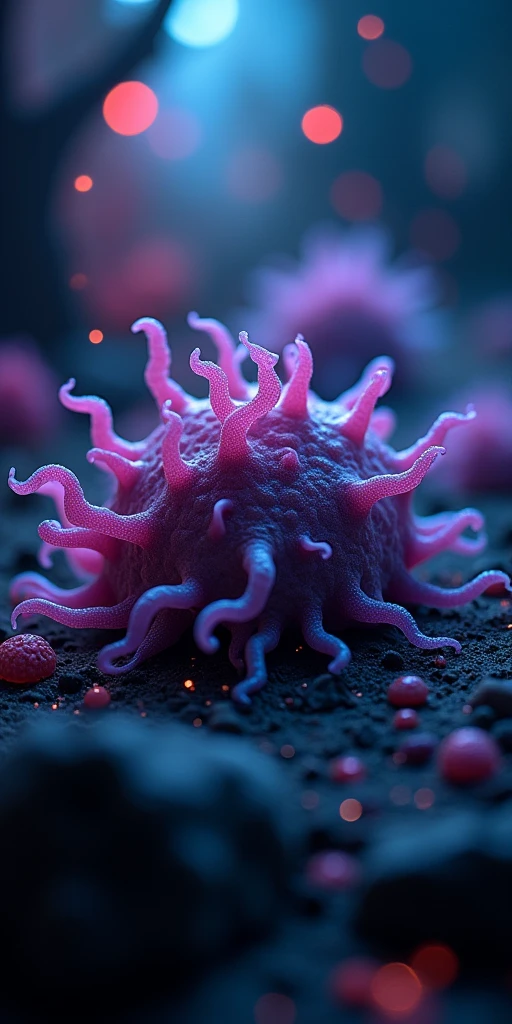 Complicated bacteria mutated life, backlit by led in dark scene, dramatic, bokeh f2.8
