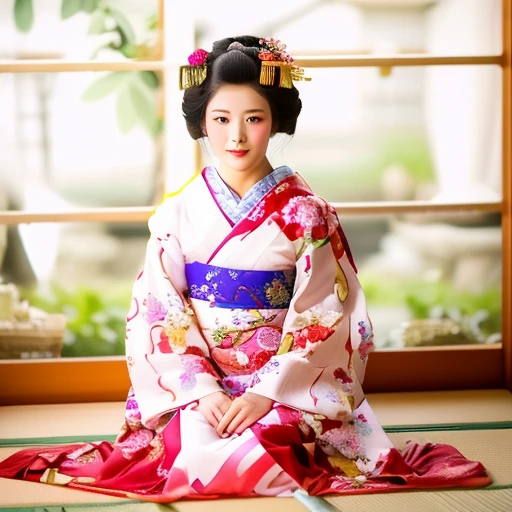 20 years old Japanese princess in a kimono sitting on the floor in front of the window, traditional kimono costume, japanese geisha, traditional japanese, skilled geisha of the japanese, wearing royal kimono, seiza, sit with knees bent