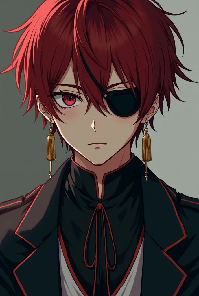 a boy,high school,handsome,dark eyepatch on right side,no bangs,dark red hair color,very short bob hair,double-edged eyelid,smart,wear Japanese gakuran,inner wear is cheongsam t-shirt,angry,cool,gold tassel earrings,look down on me during sex