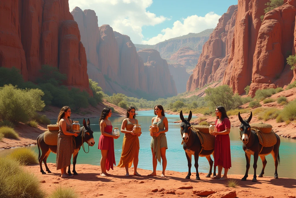 Une image d'une rivière coulant dans une vallée aux roches rouges, comme celles d'Australie. Une image réaliste et plus précise de la vallée, résolution 4K, femmes au milieu de la vallée, les jambes presque nues, leurs vêtements sont différents, et colorantes elles sont très heureuses remplissant des bocaux. Il y a des ânes avec des bocaux dessus. La scène est proche du fond de la rivière.