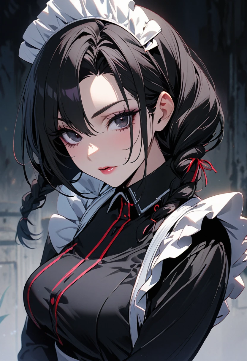 girl, mature, black hair, black eyes, beautiful, beautiful eyes, beautiful color, high detail, low double plait hair, maid, cool, villian