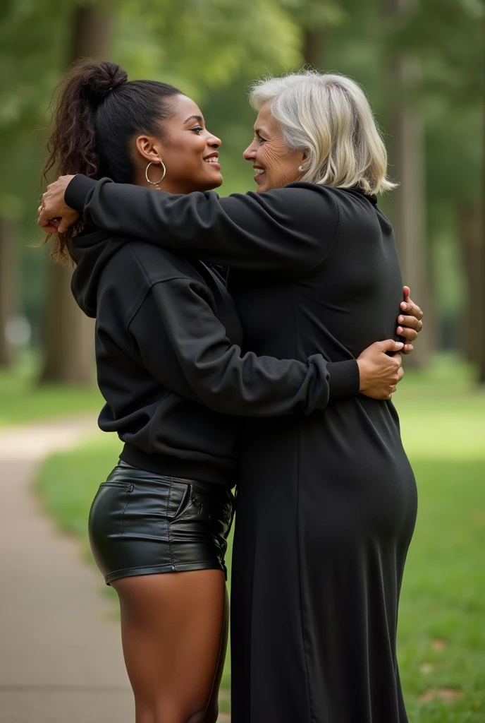 black woman hair in a bun black hoodie black leather short shorts bending over getting fucked in the ass by a old ugly woman in a dress in a park