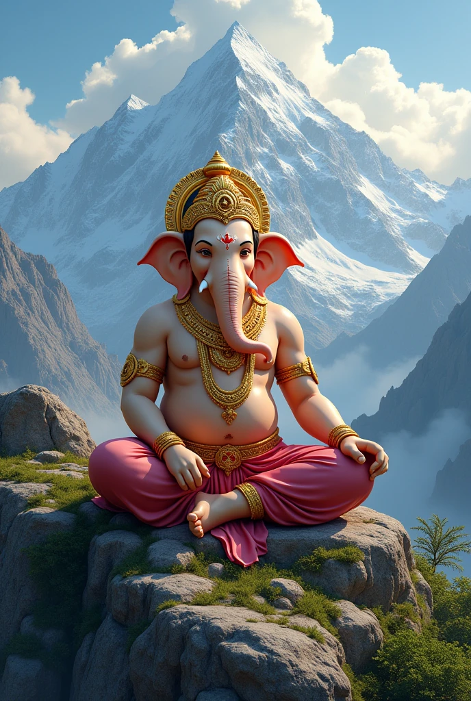 Lord ganesh sitting on mountains meditating and wearing gold jewellery
