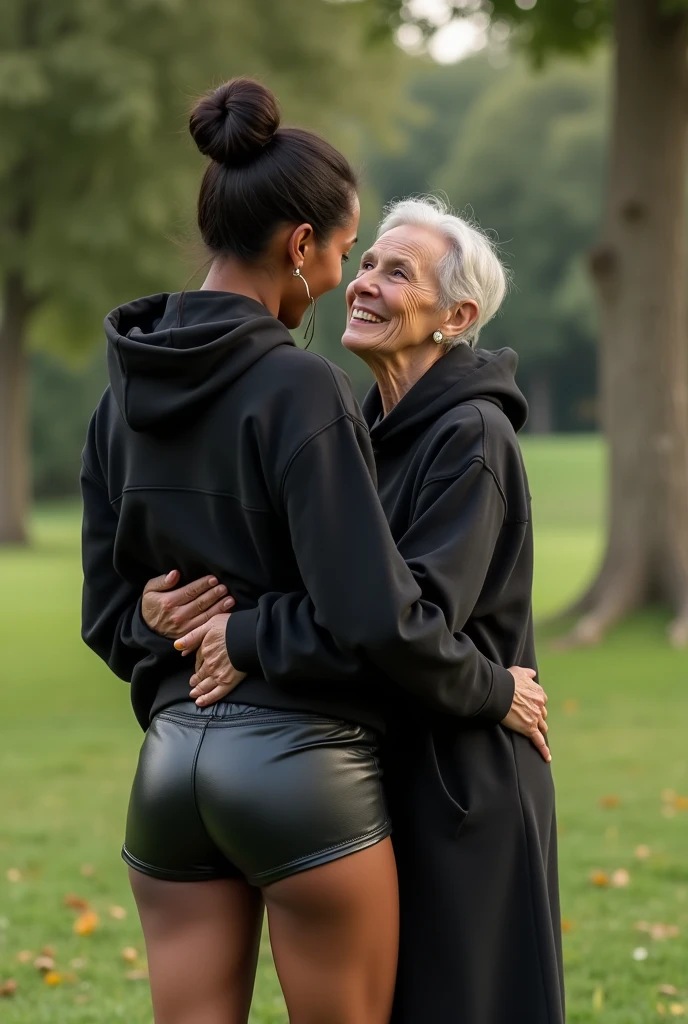 black woman hair in a bun black hoodie black leather short shorts bending over getting fucked in the ass by a old ugly woman in a dress in a park