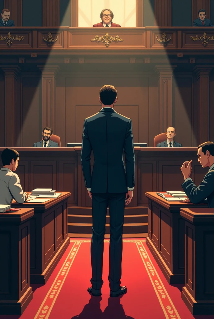 A lawyer standing between two places whr the victims will be standing for questioning and also a judge seated at a higher level animated