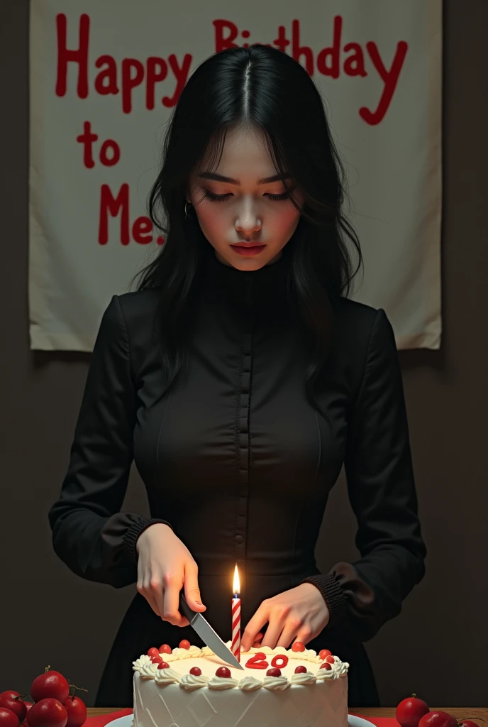 The beautiful women cut she's birthday cake alone ( use knife ) on the cake 20 latter number candle and she face full of sadness and background "Happy Birthday To Me " banner and she's waring black frock with full sleeve and covered nack dress 